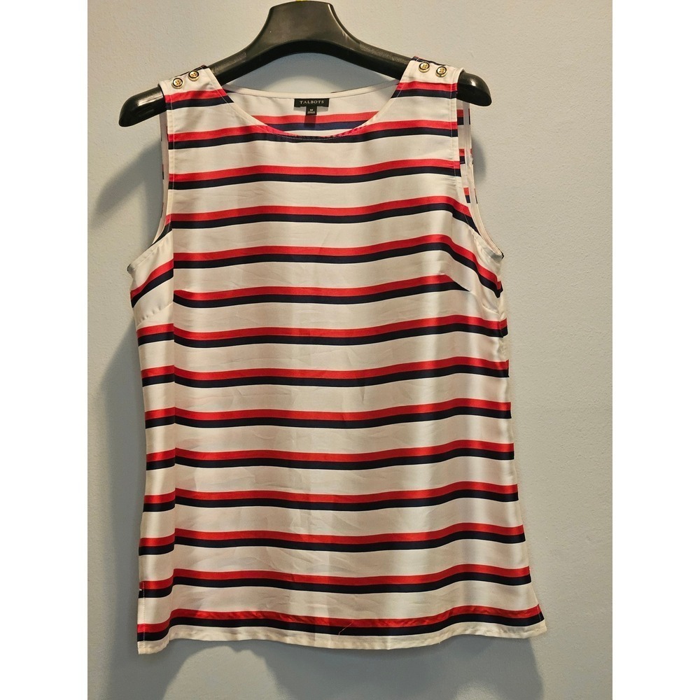 Talbots Womens Red Navy White Striped Sleeveless Top Gold Button Shoulder Medium